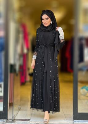 7887 MANŞET İNCİLİ ABAYA İKİLİ TAKIM SİYAH - 2