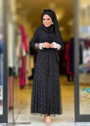 7887 MANŞET İNCİLİ ABAYA İKİLİ TAKIM SİYAH - 5