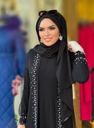 7888 TÜLLÜ PAT İNCİLİ ABAYA İKİLİ TAKIM SİYAH - 