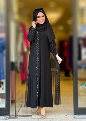 7888 TÜLLÜ PAT İNCİLİ ABAYA İKİLİ TAKIM SİYAH - 2