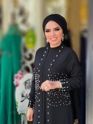 7999 BEL İNCİLİ ABAYA TAKIM SİYAH - 