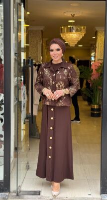 8540 PAYETLİ ELBİSE KAHVERENGİ - 1